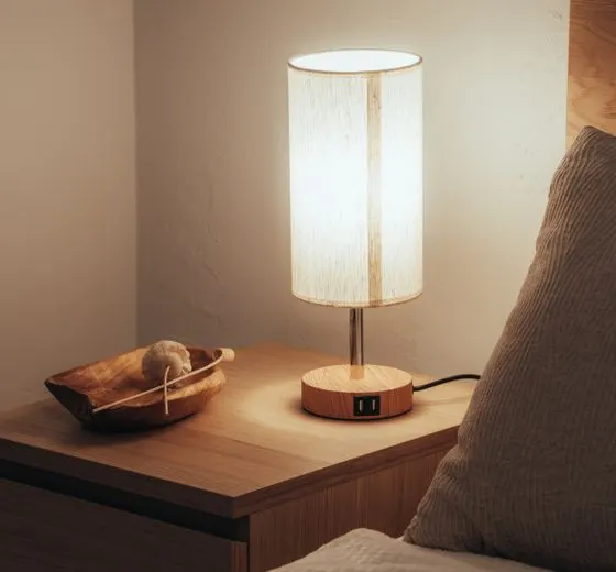 Compact fabric-shade lamp glowing on a nightstand